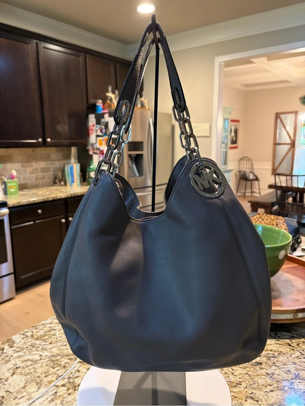 Michael Kors Black Pebbled Leather Shoulder Hobo with Chain Detail